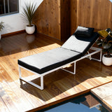 TYSF2574 All-White Metal Frame Adjustable Outdoor Sun Lounger with Matching Cushions – Miami South Beach Coastal Terrace Luxury Relaxed Outdoor Reclining Sunbed