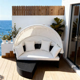 TYSF2575 Brown Rattan Round White Canopy Outdoor Daybed with All-White Cushions – Mallorca Spain Coastal Terrace Luxury Private Outdoor Round Canopy Daybed