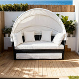 TYSF2575 Brown Rattan Round White Canopy Outdoor Daybed with All-White Cushions – Mallorca Spain Coastal Terrace Luxury Private Outdoor Round Canopy Daybed