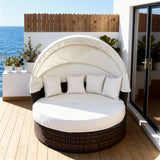 TYSF2575 Brown Rattan Round White Canopy Outdoor Daybed with All-White Cushions – Mallorca Spain Coastal Terrace Luxury Private Outdoor Round Canopy Daybed