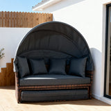 TYSF2575 Brown Rattan Round White Canopy Outdoor Daybed with All-White Cushions – Mallorca Spain Coastal Terrace Luxury Private Outdoor Round Canopy Daybed