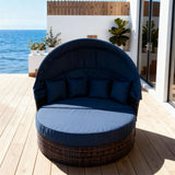 TYSF2575 Brown Rattan Round White Canopy Outdoor Daybed with All-White Cushions – Mallorca Spain Coastal Terrace Luxury Private Outdoor Round Canopy Daybed