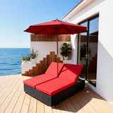 TYSF2576 Black Rattan Modular Double Outdoor Daybed with Turquoise Cushions & Umbrella – Phuket Thailand Coastal Terrace Luxury Vibrant Outdoor Modular Daybed Set