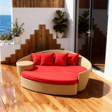 TYSF2577 Cream Rattan Curved Outdoor Sofa with Fiery Red Cushions & Side Table – Rio de Janeiro Brazil Coastal Terrace Luxury Vibrant Outdoor Curved Sofa