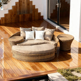 TYSF2577 Cream Rattan Curved Outdoor Sofa with Fiery Red Cushions & Side Table – Rio de Janeiro Brazil Coastal Terrace Luxury Vibrant Outdoor Curved Sofa