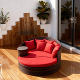 TYSF2577 Cream Rattan Curved Outdoor Sofa with Fiery Red Cushions & Side Table – Rio de Janeiro Brazil Coastal Terrace Luxury Vibrant Outdoor Curved Sofa