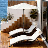 TYSF2578 Black Rattan Adjustable Double Outdoor Sun Lounger Set with All-White Cushions & Umbrella – Amalfi Coast Italy Coastal Terrace Luxury Relaxed Outdoor Sun Lounger Set