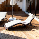 TYSF2578 Black Rattan Adjustable Double Outdoor Sun Lounger Set with All-White Cushions & Umbrella – Amalfi Coast Italy Coastal Terrace Luxury Relaxed Outdoor Sun Lounger Set