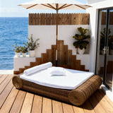 TYSF2579 Brown Rattan Rectangular Outdoor Daybed with All-White Cushions & Umbrella – Nusa Dua Bali Coastal Terrace Luxury Relaxed Outdoor Daybed Set