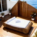 TYSF2579 Brown Rattan Rectangular Outdoor Daybed with All-White Cushions & Umbrella – Nusa Dua Bali Coastal Terrace Luxury Relaxed Outdoor Daybed Set