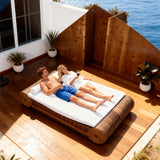 TYSF2579 Brown Rattan Rectangular Outdoor Daybed with All-White Cushions & Umbrella – Nusa Dua Bali Coastal Terrace Luxury Relaxed Outdoor Daybed Set