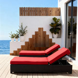 TYSF2582 Black Rattan Adjustable Double Outdoor Sun Lounger Set with All-White Cushions – Saint-Tropez French Riviera Coastal Terrace Luxury Relaxed Outdoor Sun Lounger Set