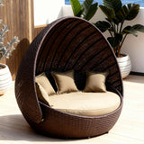TYSF2586 Dark Brown Rattan Egg-Shaped Dome Outdoor Daybed with All-White Cushions – Praslin Seychelles Coastal Terrace Luxury Private Outdoor Egg Daybed