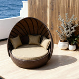 TYSF2586 Dark Brown Rattan Egg-Shaped Dome Outdoor Daybed with All-White Cushions – Praslin Seychelles Coastal Terrace Luxury Private Outdoor Egg Daybed