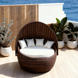 TYSF2586 Dark Brown Rattan Egg-Shaped Dome Outdoor Daybed with All-White Cushions – Praslin Seychelles Coastal Terrace Luxury Private Outdoor Egg Daybed