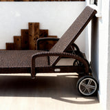 TYSF2587 Dark Brown Rattan Wheeled Adjustable Outdoor Sun Lounger – Nassau Bahamas Coastal Terrace Luxury Relaxed Outdoor Reclining Sunbed