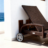 TYSF2587 Dark Brown Rattan Wheeled Adjustable Outdoor Sun Lounger – Nassau Bahamas Coastal Terrace Luxury Relaxed Outdoor Reclining Sunbed