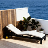 TYSF2589 Black Rattan Wheeled Segmented Adjustable Outdoor Sun Lounger with All-White Cushions & Neck Pillow – Cancun Mexico Coastal Terrace Luxury Relaxed Outdoor Reclining Sunbed
