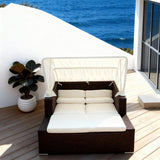 TYSF2592 Dark Brown Rattan Square White Canopy Outdoor Daybed with All-White Cushions – Malé Maldives Coastal Terrace Luxury Private Outdoor Square Canopy Daybed