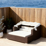 TYSF2592 Dark Brown Rattan Square White Canopy Outdoor Daybed with All-White Cushions – Malé Maldives Coastal Terrace Luxury Private Outdoor Square Canopy Daybed