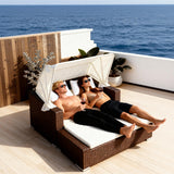 TYSF2592 Dark Brown Rattan Square White Canopy Outdoor Daybed with All-White Cushions – Malé Maldives Coastal Terrace Luxury Private Outdoor Square Canopy Daybed