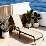 TYSF2594 Black Frame Beige Woven Mesh Adjustable Armrest Outdoor Sun Lounger – Madeira Portugal Coastal Terrace Luxury Relaxed Outdoor Reclining Sunbed