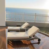 TYSF2595 Black Rattan Double Armrest Outdoor Sun Lounger Set with Light Grey Cushions – Ibiza Spain Coastal Terrace Luxury Relaxed Outdoor Sun Lounger Set