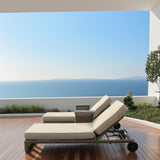 TYSF2595 Black Rattan Double Armrest Outdoor Sun Lounger Set with Light Grey Cushions – Ibiza Spain Coastal Terrace Luxury Relaxed Outdoor Sun Lounger Set