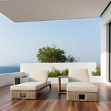 TYSF2595 Black Rattan Double Armrest Outdoor Sun Lounger Set with Light Grey Cushions – Ibiza Spain Coastal Terrace Luxury Relaxed Outdoor Sun Lounger Set