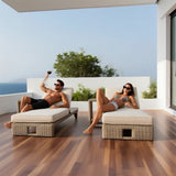 TYSF2595 Black Rattan Double Armrest Outdoor Sun Lounger Set with Light Grey Cushions – Ibiza Spain Coastal Terrace Luxury Relaxed Outdoor Sun Lounger Set
