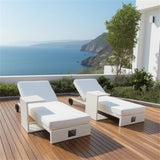 TYSF2595 Black Rattan Double Armrest Outdoor Sun Lounger Set with Light Grey Cushions – Ibiza Spain Coastal Terrace Luxury Relaxed Outdoor Sun Lounger Set