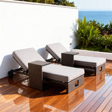 TYSF2595 Black Rattan Double Armrest Outdoor Sun Lounger Set with Light Grey Cushions – Ibiza Spain Coastal Terrace Luxury Relaxed Outdoor Sun Lounger Set