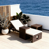 TYSF2596 Dark Brown Rattan Wheeled Adjustable Outdoor Sun Lounger Set with All-White Cushions, Ottoman & Side Table – Nadi Fiji Coastal Terrace Luxury Relaxed Outdoor Lounger Set