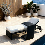 TYSF2596 Dark Brown Rattan Wheeled Adjustable Outdoor Sun Lounger Set with All-White Cushions, Ottoman & Side Table – Nadi Fiji Coastal Terrace Luxury Relaxed Outdoor Lounger Set