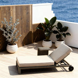 TYSF2596 Dark Brown Rattan Wheeled Adjustable Outdoor Sun Lounger Set with All-White Cushions, Ottoman & Side Table – Nadi Fiji Coastal Terrace Luxury Relaxed Outdoor Lounger Set