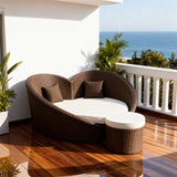 TYSF2598 Dark Brown Rattan Double Connected Egg-Shaped Lounge Chair Set with All-White Cushions & Side Table – Marbella Spain Coastal Terrace Luxury Private Outdoor Lounge Set