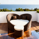 TYSF2598 Dark Brown Rattan Double Connected Egg-Shaped Lounge Chair Set with All-White Cushions & Side Table – Marbella Spain Coastal Terrace Luxury Private Outdoor Lounge Set