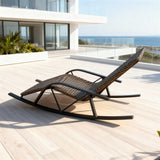 TYSF2601 Dark Brown Rattan Armrest Rocking Outdoor Sun Lounger – Malibu California Coastal Terrace Luxury Relaxed Outdoor Rocking Sunbed