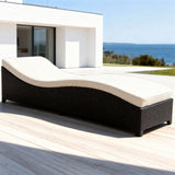 TYSF2602 Black Rattan Wave-Shaped Outdoor Daybed with Cream Cushions – Saint-Tropez France Coastal Terrace Luxury Private Outdoor Wave Daybed