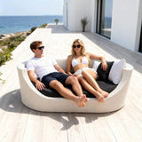 TYSF2603 White Rattan Round Enclosed Outdoor Sofa with Dark Grey Cushions & Black-White Pillows – Santorini Greece Coastal Terrace Luxury Private Outdoor Round Sofa