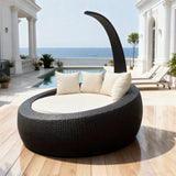 TYSF2604 Black Rattan Curved Dome Round Outdoor Daybed with Cream Cushions & Pillows – Capri Italy Coastal Terrace Luxury Private Outdoor Dome Daybed