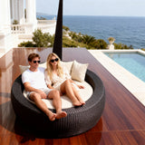 TYSF2604 Black Rattan Curved Dome Round Outdoor Daybed with Cream Cushions & Pillows – Capri Italy Coastal Terrace Luxury Private Outdoor Dome Daybed