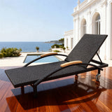 TYSF2605 Black Rattan Wheeled Adjustable Outdoor Sun Lounger with Wooden Armrests – Monaco Coastal Terrace Luxury Relaxed Outdoor Reclining Sunbed