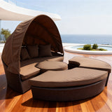 TYSF2606 Black Rattan Round Enclosed Outdoor Daybed with White Canopy, Center Bar & Red-Green Pillows – Los Cabos Mexico Coastal Terrace Luxury Vibrant Outdoor Round Daybed