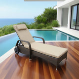 TYSF2607 Light Brown Rattan Wheeled Adjustable Armrest Outdoor Sun Lounger with All-White Cushions & Neck Pillow – Laguna Beach California Coastal Terrace Luxury Relaxed Outdoor Reclining Sunbed