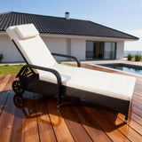 TYSF2607 Light Brown Rattan Wheeled Adjustable Armrest Outdoor Sun Lounger with All-White Cushions & Neck Pillow – Laguna Beach California Coastal Terrace Luxury Relaxed Outdoor Reclining Sunbed