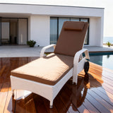 TYSF2607 Light Brown Rattan Wheeled Adjustable Armrest Outdoor Sun Lounger with All-White Cushions & Neck Pillow – Laguna Beach California Coastal Terrace Luxury Relaxed Outdoor Reclining Sunbed