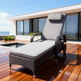 TYSF2607 Light Brown Rattan Wheeled Adjustable Armrest Outdoor Sun Lounger with All-White Cushions & Neck Pillow – Laguna Beach California Coastal Terrace Luxury Relaxed Outdoor Reclining Sunbed