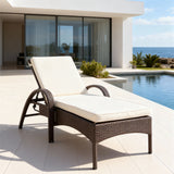 TYSF2608 Cream Rattan Adjustable Armrest Outdoor Sun Lounger with Fiery Red Cushions – Anguilla Caribbean Coastal Terrace Luxury Vibrant Outdoor Reclining Sunbed