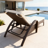 TYSF2608 Cream Rattan Adjustable Armrest Outdoor Sun Lounger with Fiery Red Cushions – Anguilla Caribbean Coastal Terrace Luxury Vibrant Outdoor Reclining Sunbed